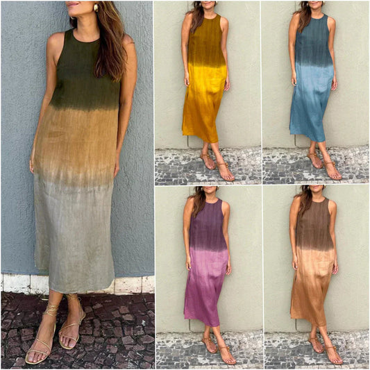 🌈 Στρογγυλό λαιμό διαβαθμισμένου χρώματος casual φόρεμα