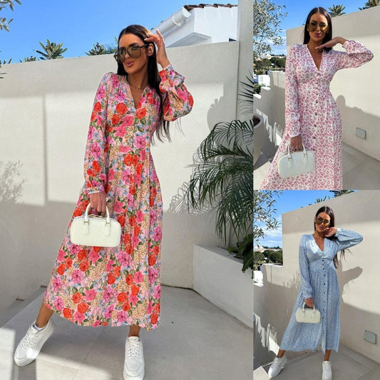 Μόδα V-λαιμός κουμπωμένο Floral μακρύ μανίκι φόρεμα μέσης