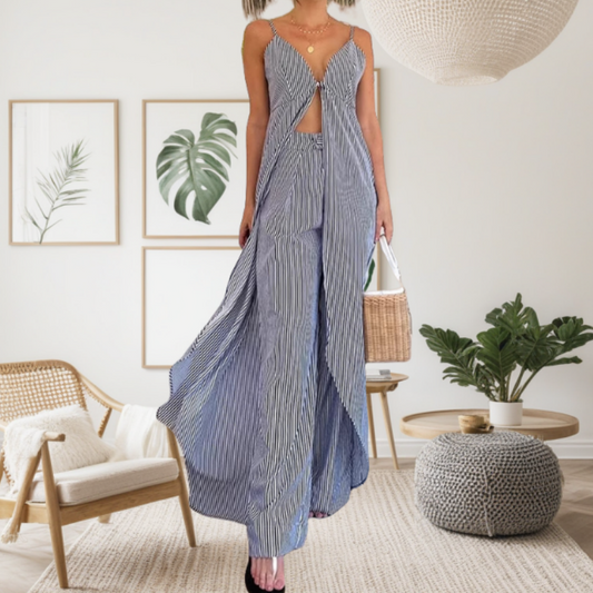 Women's Striped Sleeveless Slit Long Tops & Pants Set