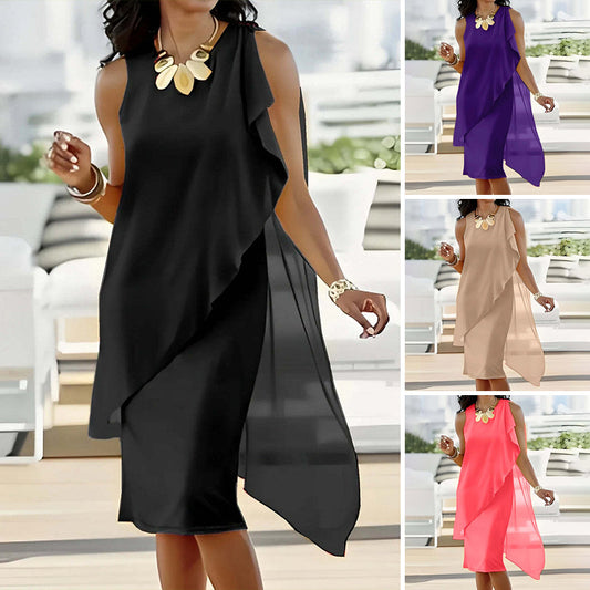 Women's Summer Elegant Round Neck Asymmetric Mesh Sleeveless Dress