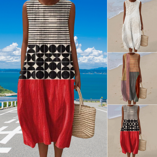 Γυναικεία μοντέρνα εκτύπωση στρογγυλό λαιμό αμάνικο φόρεμα