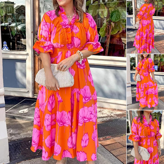 Γυναικεία κομψά τυπωμένα φορέματα με βολάν