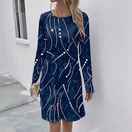 Printed Round Neck Long Sleeve Dress