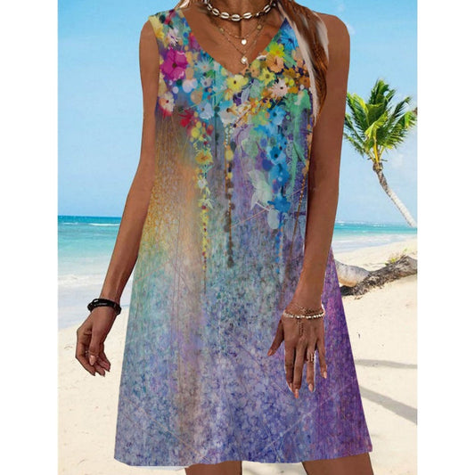 Women's Printed V-Neck Sleeveless Dress