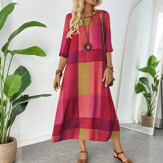 Γυναικεία μακριά φορέματα με μισό μανίκι και καρό μοτίβο