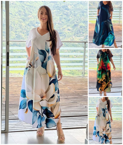 👗 Γυναικείο Μακρύ Φόρεμα με Τύπωμα και V-Λαιμόκοψη