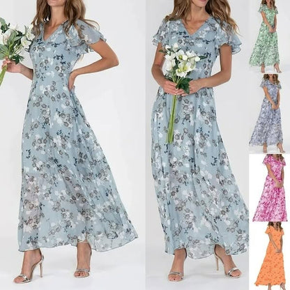 👗Κομψά σιφόν φλοράλ φορέματα με κοντό μανίκι