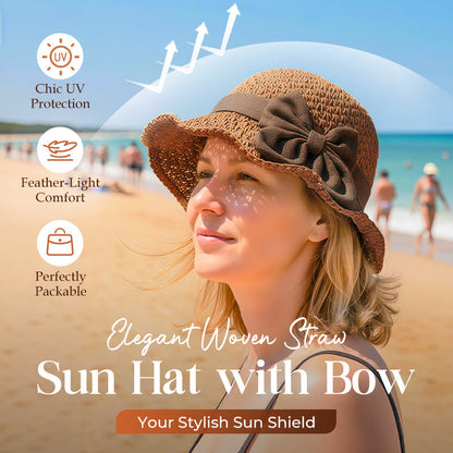 👒Κομψό πλεκτό ψάθινο καπέλο ηλίου με φιόγκο 🌞