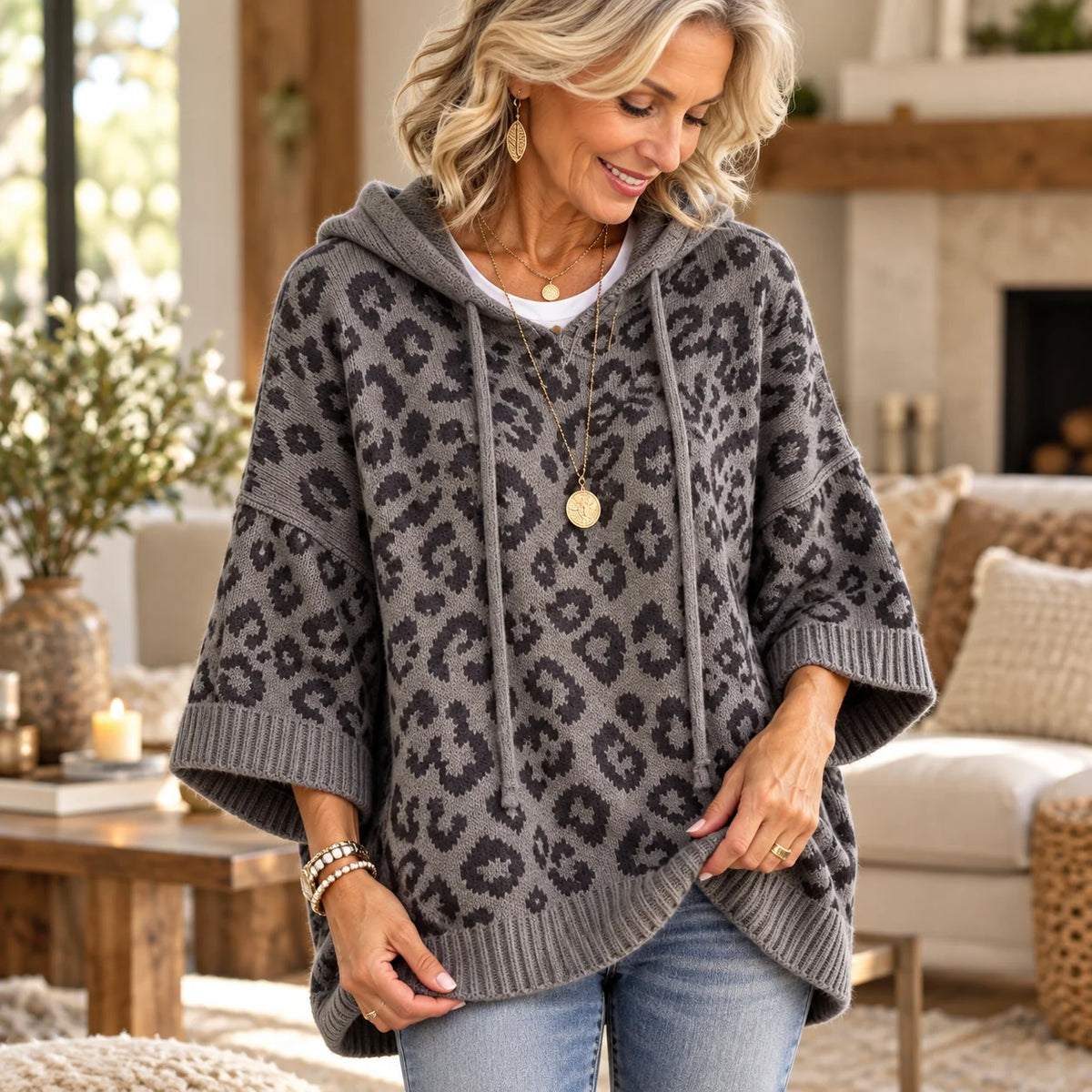 ✨Women’s Leopard Print Hooded Poncho Sweater