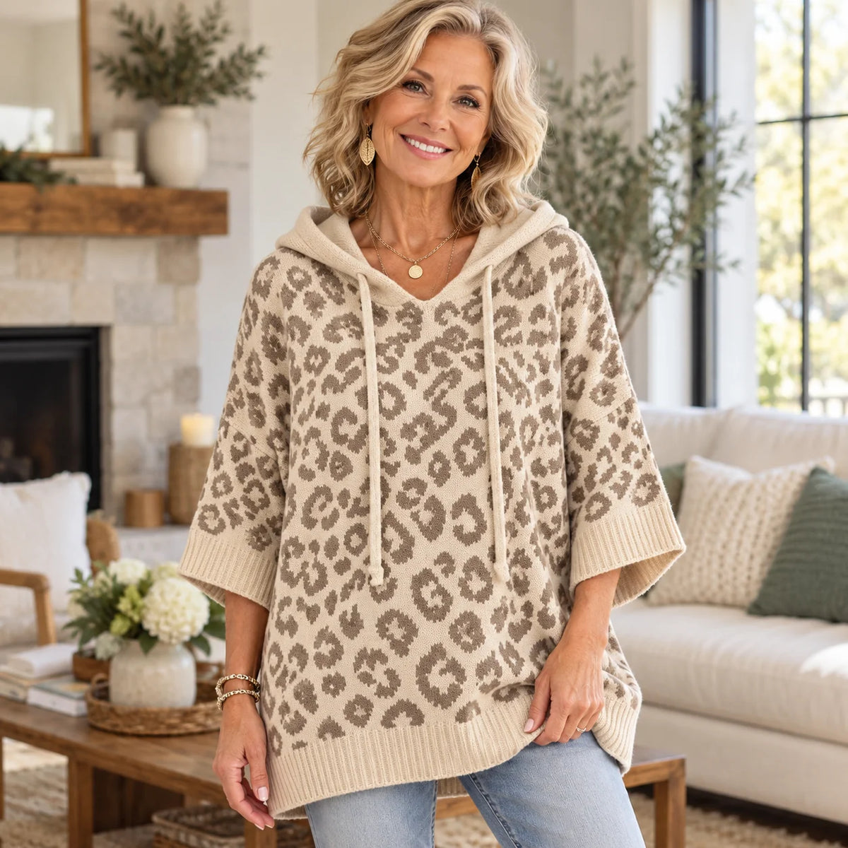 ✨Women’s Leopard Print Hooded Poncho Sweater