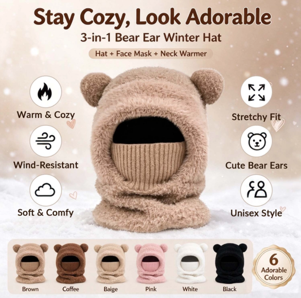 ⏳🎁70% OFF!!!-Ready for Winter!!!❄️🐻3-in-1 Cute Bear Ear Fleece Plush Winter Hat