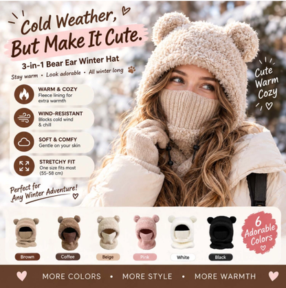 ⏳🎁70% OFF!!!-Ready for Winter!!!❄️🐻3-in-1 Cute Bear Ear Fleece Plush Winter Hat