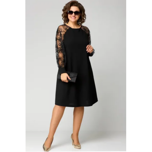 【S-4XL】👗 Δαντελένιο φόρεμα patchwork με μακριά μανίκια και στρογγυλή λαιμόκοψη