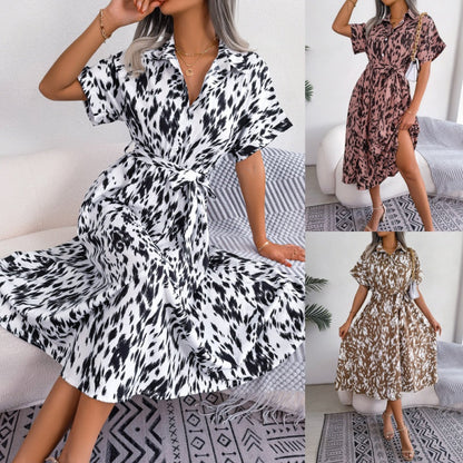 Γυναικών Leopard V-Neck πέτο μακρύ φόρεμα πουκάμισο