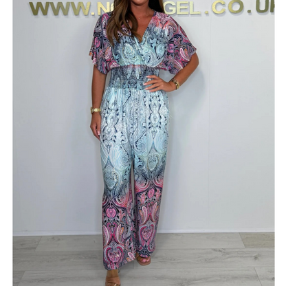 🌷 Boho τυπωμένη ολόσωμη φόρμα με φαρδιά πόδια