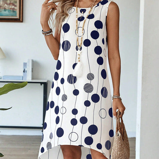 👗 Γυναικεία μόδα τυπωμένο αμάνικο στρογγυλό φόρεμα με λαιμό