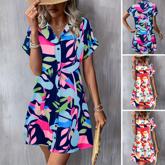 👗 Φόρεμα με κοντό μανίκι και σχέδιο με κουμπιά