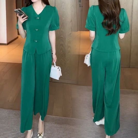 💖 Γυναικεία μπλούζα με κοντό μανίκι V-Neck και ταιριαστό παντελόνι με φαρδιά πόδια σετ δύο τεμαχίων