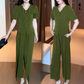 💖 Γυναικεία μπλούζα με κοντό μανίκι V-Neck και ταιριαστό παντελόνι με φαρδιά πόδια σετ δύο τεμαχίων
