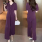 💖 Γυναικεία μπλούζα με κοντό μανίκι V-Neck και ταιριαστό παντελόνι με φαρδιά πόδια σετ δύο τεμαχίων