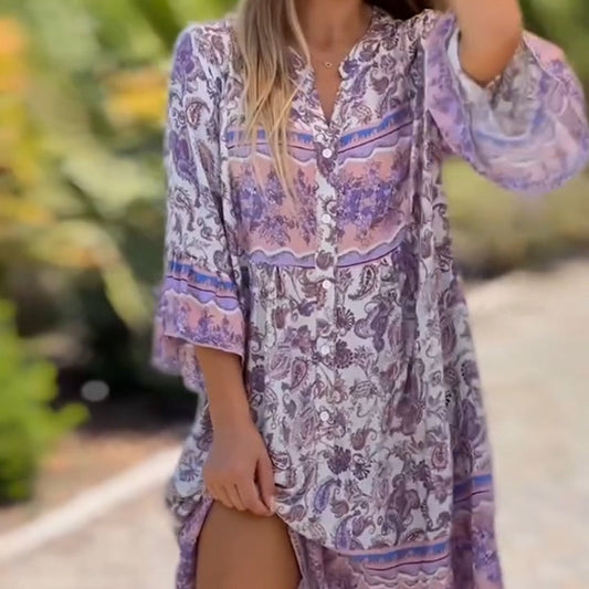 👗【S-5XL】🌸Γυναίκες φλοράλ φόρεμα V λαιμόκοψη