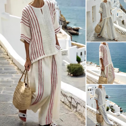 Ριγέ μπλούζα και παντελόνι casual σετ