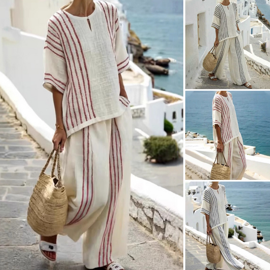 Ριγέ μπλούζα και παντελόνι casual σετ