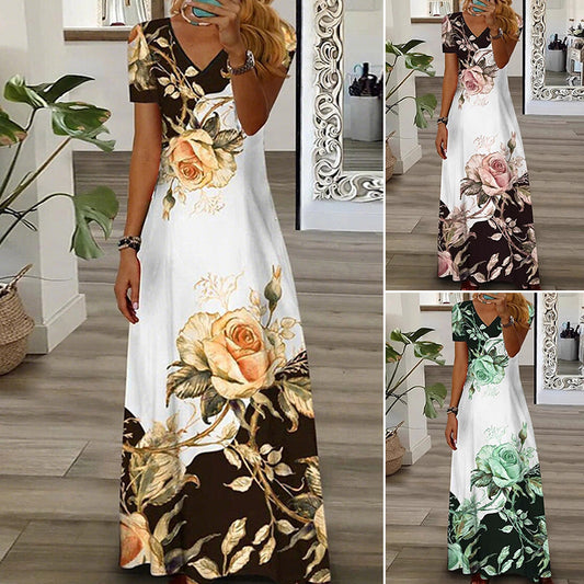 V-Neck Rose Print Maxi Dress