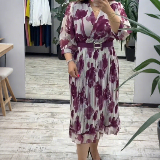V-Neck Printed Waist-Cinched Dress With 3/4 Sleeves