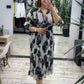 V-Neck Printed Waist-Cinched Dress With 3/4 Sleeves
