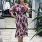 V-Neck Printed Waist-Cinched Dress With 3/4 Sleeves