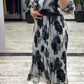 V-Neck Printed Waist-Cinched Dress With 3/4 Sleeves