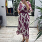 V-Neck Printed Waist-Cinched Dress With 3/4 Sleeves