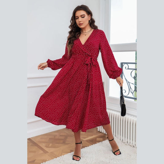 V-Neck Belted Waist Vintage Polka Dot Dress