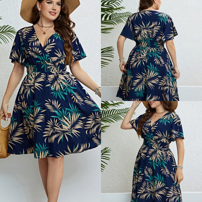 【XL-4XL】🍂Γυναικεία Φόρεμα Midi με V-Λαιμό, Τυπωμένο Σχέδιο και Στενό Μέσο