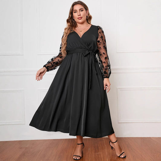 V-Neck Sheer Embroidered Sleeves Black Dress