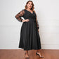 V-Neck Sheer Embroidered Sleeves Black Dress