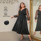 V-Neck Sheer Embroidered Sleeves Black Dress