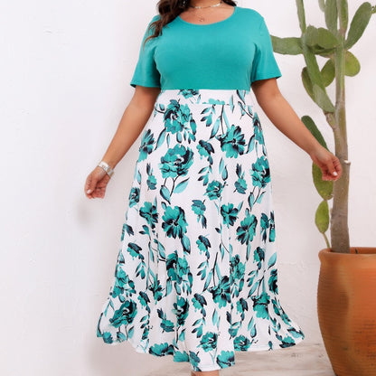 Elegant Printed Panelled Round Neck Waist-Cinching Dress