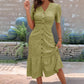 Women's Button-Up V-Neck Short Sleeve Midi Dress
