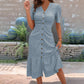 Women's Button-Up V-Neck Short Sleeve Midi Dress