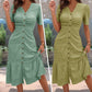 Women's Button-Up V-Neck Short Sleeve Midi Dress