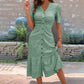 Women's Button-Up V-Neck Short Sleeve Midi Dress