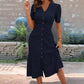 Women's Button-Up V-Neck Short Sleeve Midi Dress