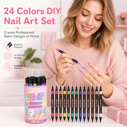 ⏳LAST DAY SPECIAL PRICE ￡7.99!!💕🎁24 Shades Dual-Tip Nail Art Marker Kit, Quick-Dry Painting Pens For DIY Nail Designs💅