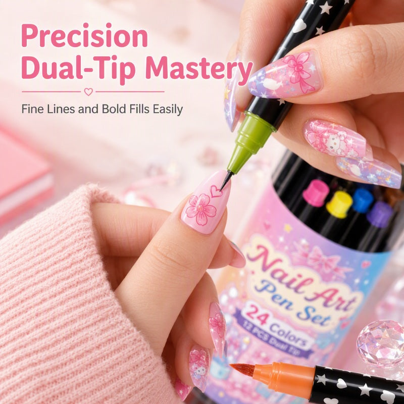 ⏳LAST DAY SPECIAL PRICE ￡7.99!!💕🎁24 Shades Dual-Tip Nail Art Marker Kit, Quick-Dry Painting Pens For DIY Nail Designs💅
