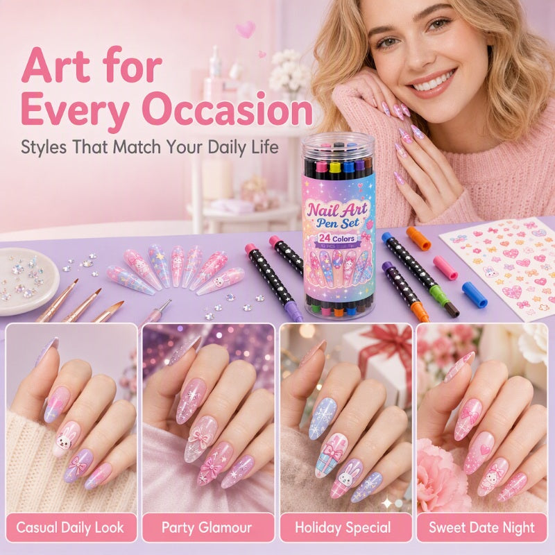 ⏳LAST DAY SPECIAL PRICE ￡7.99!!💕🎁24 Shades Dual-Tip Nail Art Marker Kit, Quick-Dry Painting Pens For DIY Nail Designs💅