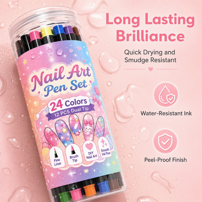 ⏳LAST DAY SPECIAL PRICE ￡7.99!!💕🎁24 Shades Dual-Tip Nail Art Marker Kit, Quick-Dry Painting Pens For DIY Nail Designs💅
