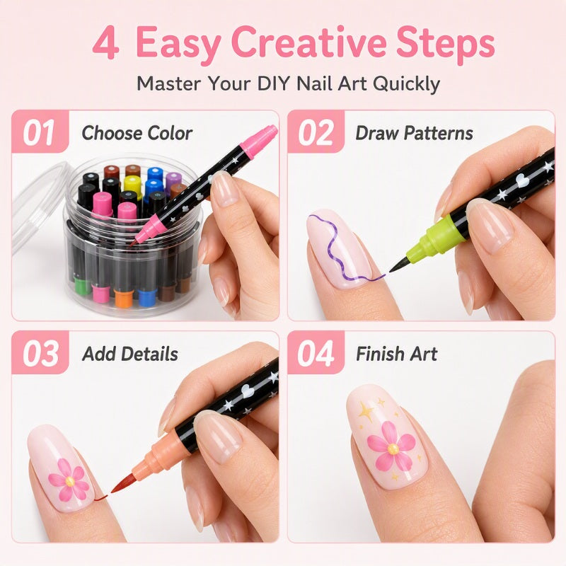 ⏳LAST DAY SPECIAL PRICE ￡7.99!!💕🎁24 Shades Dual-Tip Nail Art Marker Kit, Quick-Dry Painting Pens For DIY Nail Designs💅