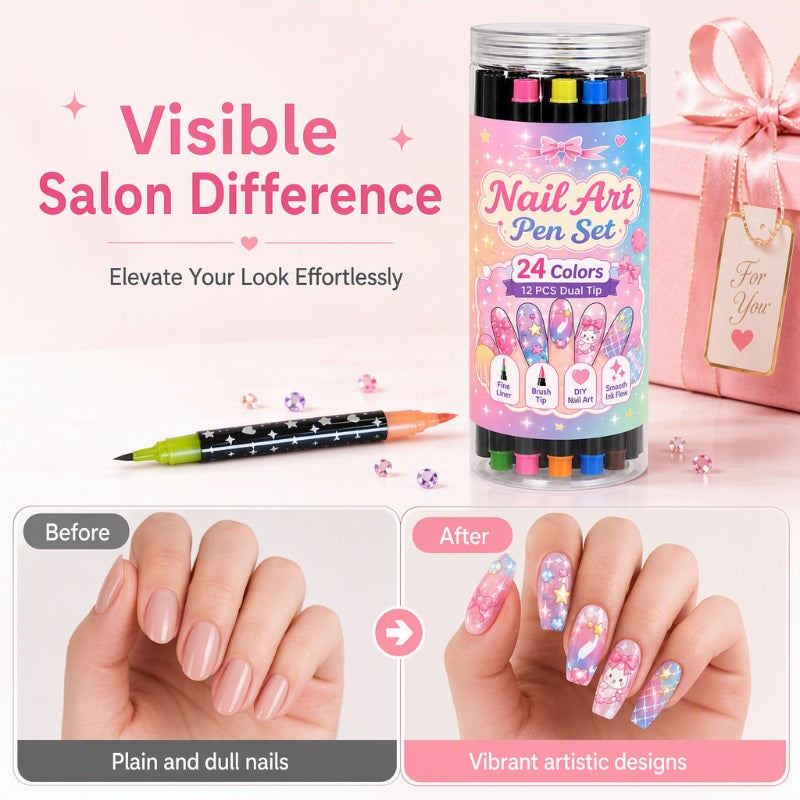 ⏳LAST DAY SPECIAL PRICE ￡7.99!!💕🎁24 Shades Dual-Tip Nail Art Marker Kit, Quick-Dry Painting Pens For DIY Nail Designs💅